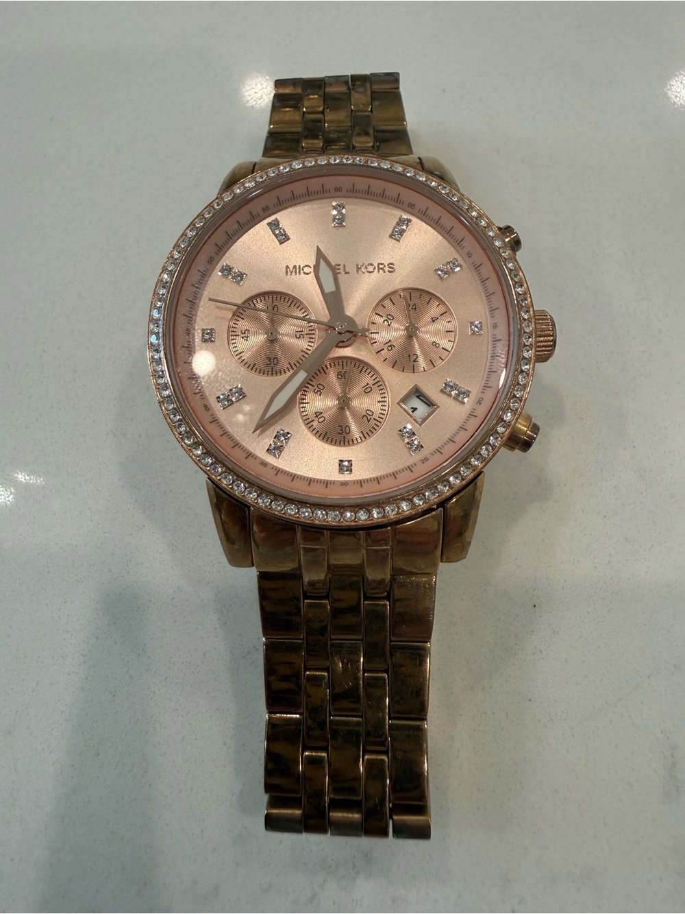 Michael Kors Rose Gold-Tone Crystal Bezel Chronograph Watch